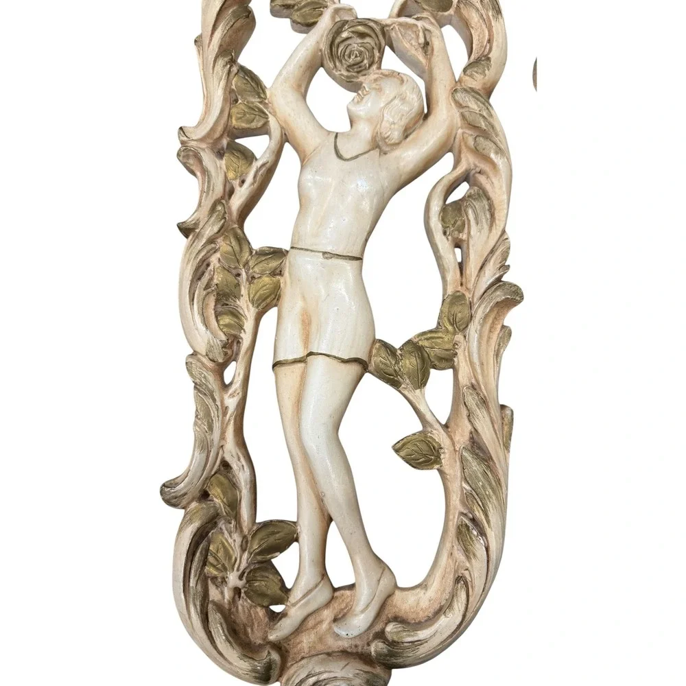 Vintage 70s Art Nouveau Wall Plaques Summer Winter Ivory Gold Plaster Panel Set